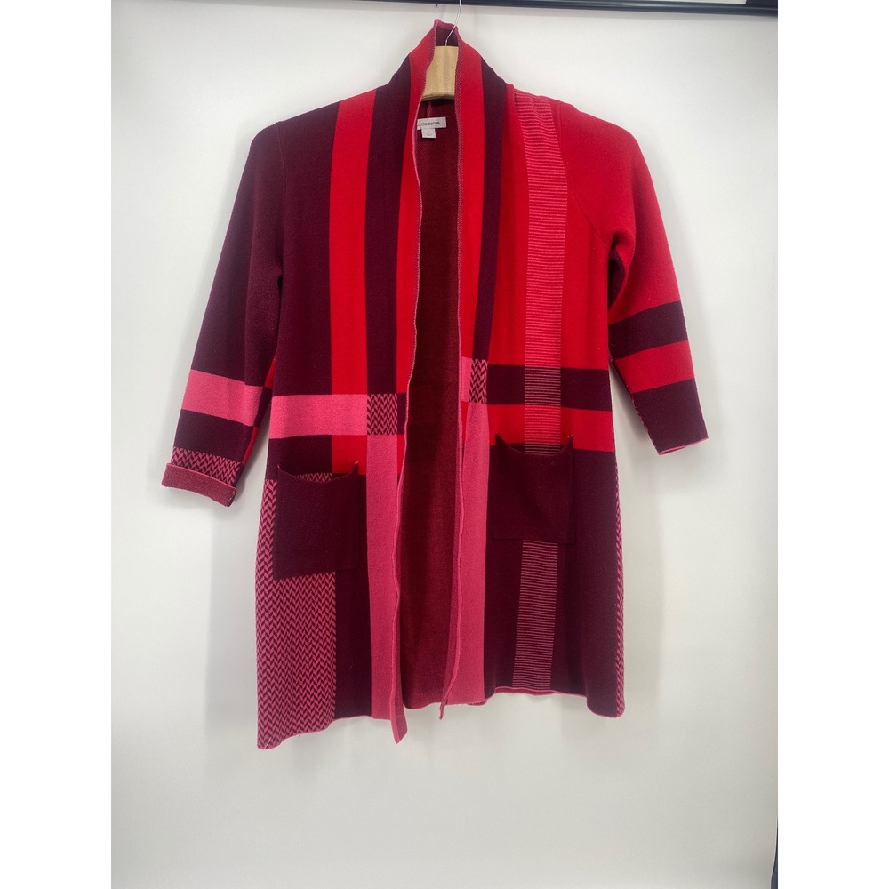 Liz Claiborne Cardigan XL Red Colorblock Geometric Open Front Pockets Excellent